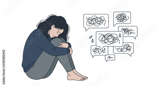 Принти на полотні Sad woman sitting with chaotic anxiety thought bubbles.