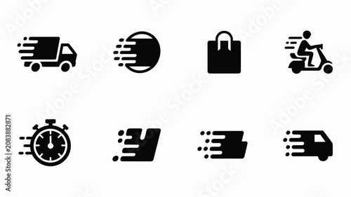 Photos Modern black silhouette icons showcase speedy delivery shopping and urgency with