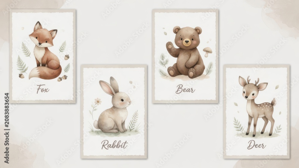 Fototapeta premium Educational nursery wall art cards featuring charming watercolor forest creatures including a fox a rabbit a bear and a deer with soft woodland foliage elements suitable for childrens room decor