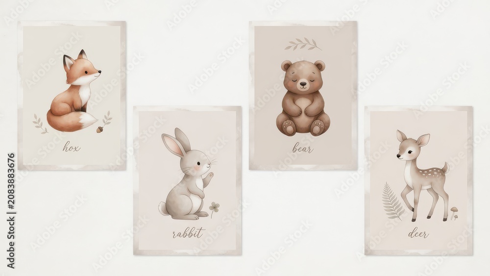 Fototapeta premium Set of four nursery wall art prints featuring cute woodland animals such as a fox a rabbit a bear and a deer with soft watercolor brush strokes and delicate botanical calligraphy for room decor