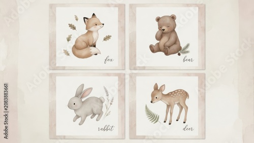 Four watercolor portraits showcasing a fox a bear a rabbit and a deer with botanical forest elements and cursive labels for nursery decor and educational purposes for children in a soft artistic