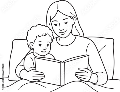 Woman reading a book with a little boy sitting on her lap at home