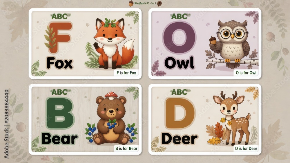 Fototapeta premium Educational woodland animal alphabet flashcards showcasing a fox an owl a bear and a deer for teaching language and literacy skills to young children in a nursery school or home learning environm