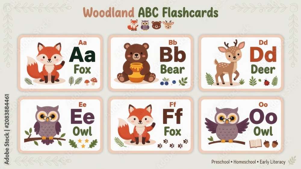 Fototapeta premium Educational flashcards showcasing woodland animal characters paired with alphabet letters to support literacy development and early childhood learning programs for toddlers in a classroom or home