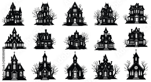 Fotografie A diverse collection of spooky haunted house and creepy church silhouettes isolated on a white background for Halloween designs
