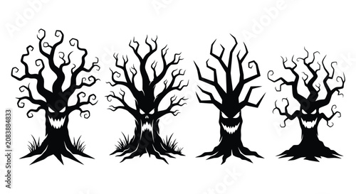 Tableau sur toile A collection of four spooky Halloween monster trees with evil faces and gnarled branches