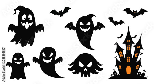 Foto Collection of black Halloween silhouettes featuring ghosts bats and a haunted castle isolated on a white background