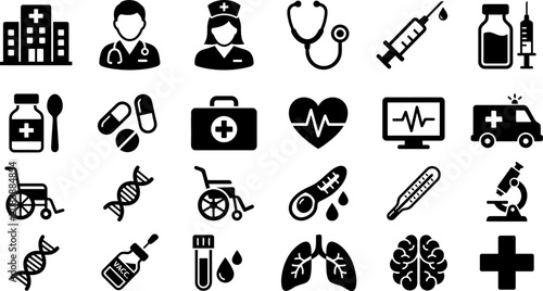 Comprehensive medical and clinical icon set with hospital equipment healthcare staff and anatomy