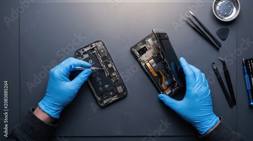 Smartphone repair technician disassembling iphone and google pixel devices