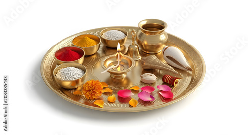 A traditional Indian puja thali with various items arranged on a plate indoors.