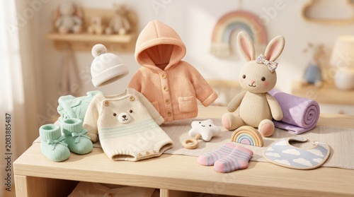 A collection of baby clothes and toys arranged on a wooden table in a nursery setting.