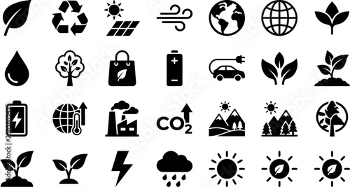 Set of environmental and sustainability ecology icons for eco friendly design with climate change