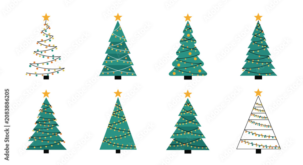 Obraz premium Set of diverse stylized Christmas tree illustrations with various shapes, colors, and festive lights for holiday season designs.