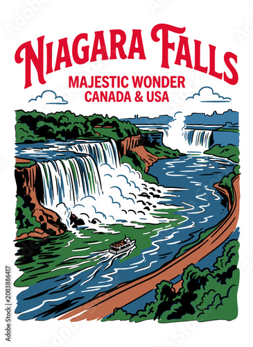 Vintage Niagara Falls scenic waterfall with tour boat and bold typography, retro graphic illustration for t-shirt design and souvenir branding