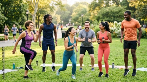 A group of people in athletic clothing, including a man in a black shirt and a woman in a pink top, are engaged in a dance or exercise routine in a park setting.