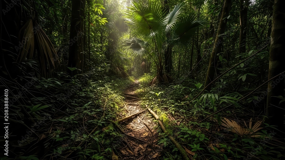 Naklejka premium Sunlit forest path winding through lush green jungle foliage