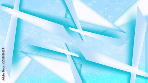 Foto featuring a bright blue abstract background with sharp, overlapping white and light blue geometric shapes, exactly as described