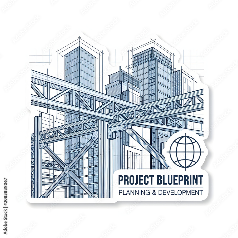 Fototapeta premium Architectural Urban Construction Planning Blueprint Featuring Modern High Rise Structures and Steel Structural Engineering Framework