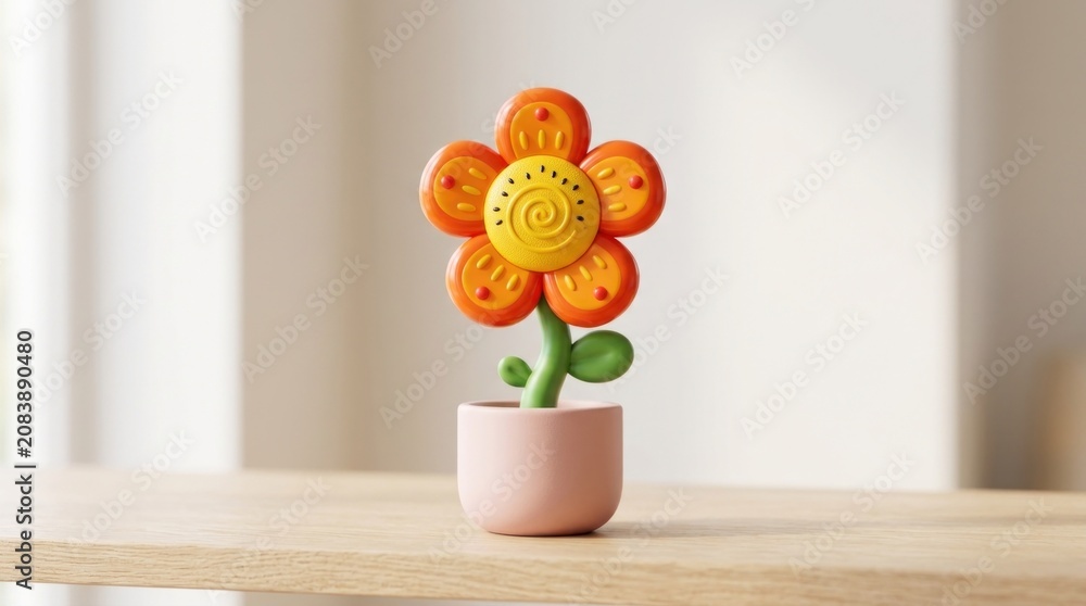 Fototapeta premium A colorful, plastic toy flower with an orange and red body, green stem, and green leaves, placed on a wooden table with a blurred background.