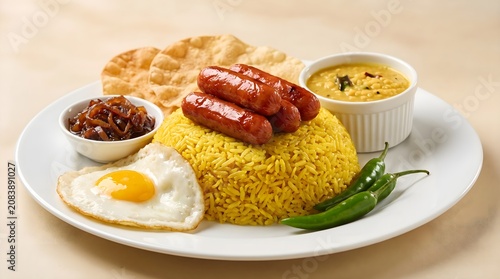 Sri Lankan yellow rice plate with deviled sausages and egg