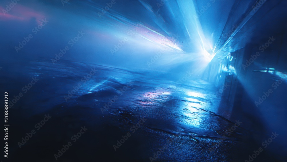 Fototapeta premium Futuristic neon tunnel with moody blue light and reflections