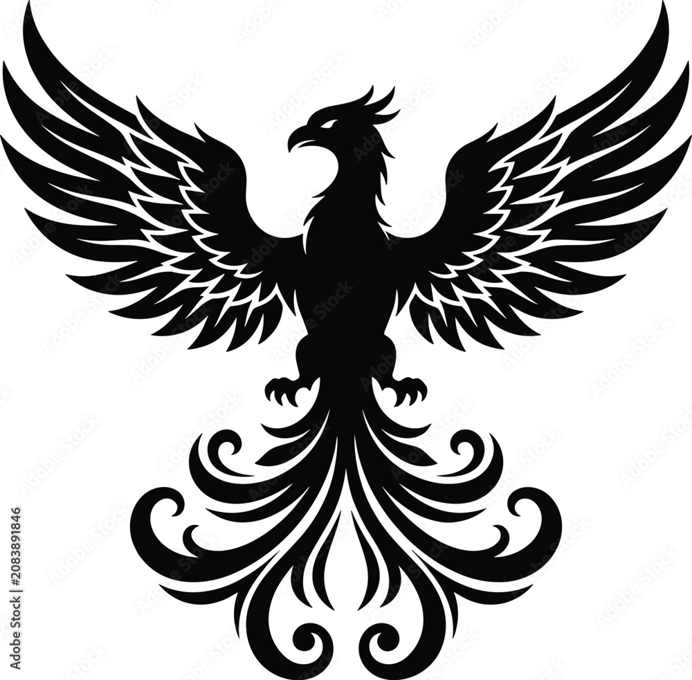 Fototapeta premium Phoenix Silhouette Vector Illustration Majestic Mythical Firebird Graphic Isolated on White Background