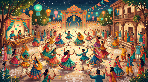 Konstfotografi Traditional Indian Garba Dance Celebration During Navratri Festival Night with Colorful Costumes and Lanterns