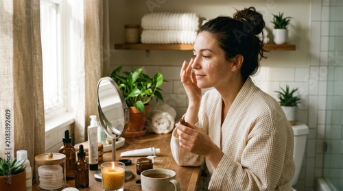 A woman in a white bathrobe applying skincare products to her face in a bathroom with a window, plants, and a mirror.