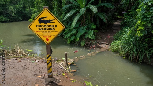 Yellow diamond shaped warning sign alerts pedestrians to stay away from the dangerous river bank where predatory crocodiles are frequently spotted in this lush tropical habitat during the summer