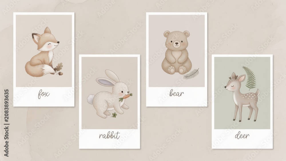 Fototapeta premium Four charming postcards displaying hand drawn watercolor woodland creatures like a fox and a rabbit along with a teddy bear and a fawn for nursery decor prints or educational room wall art decor