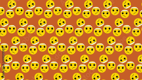 Schilderij op canvas Repeating reddish‑brown background diagonal emoji faces yellow halos varied expr