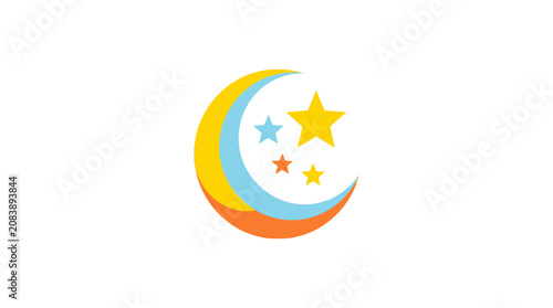 Colorful crescent moon and stars symbol.