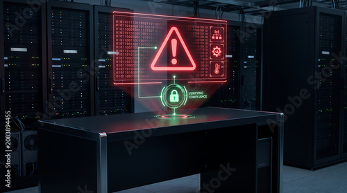 Cybersecurity threat detection AI system analyzing network risk with glowing red warning holograms above black server desk