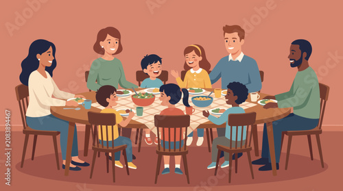 Obraz na plátně Stepparents And Children Gathered Around One Dinner Table Illustrating Blended F