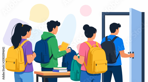 Back to School Students Waiting in Line for Entrance.