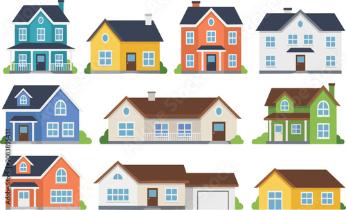 Modern Residential House Collection Flat Vector Set with Colorful Family Home Exterior Illustrations