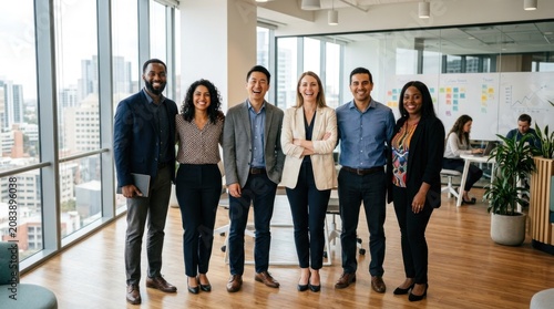 A diverse group of six people, including men and women, stand in a modern office setting with a large window and city skyline in the background.