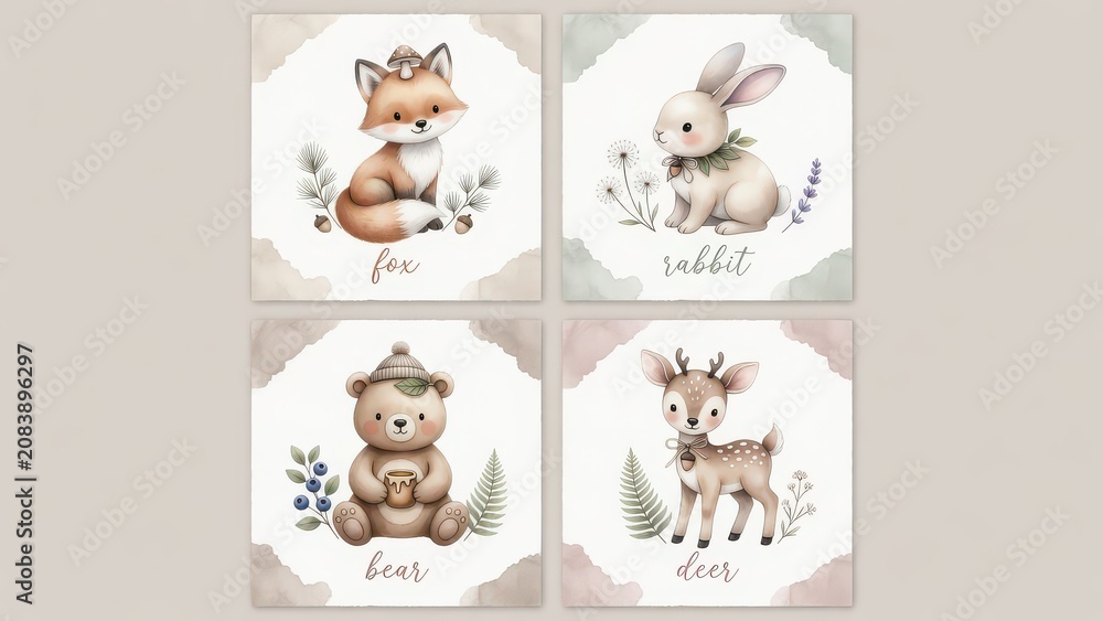 Fototapeta premium A charming collection of four whimsical forest animals including a little fox a soft bunny a cute bear and a spotted deer featuring gentle botanical accents for decorating a cozy nursery room set