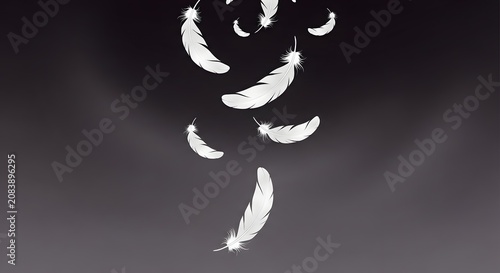 Falling white feathers floating in the air against a dark luxury background illustration.