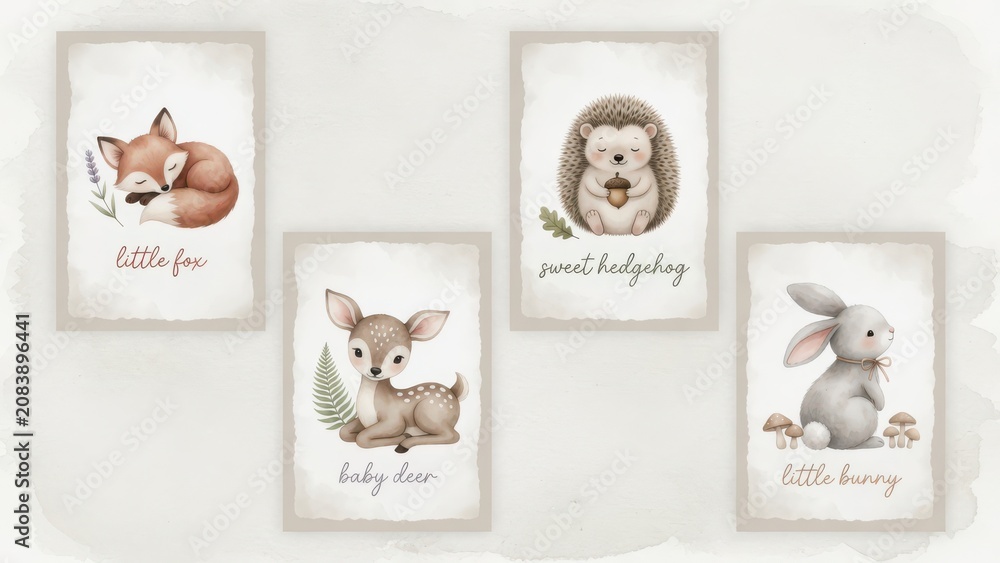Fototapeta premium Watercolor paintings of various forest creatures including a sleeping fox a small fawn a hedgehog holding an acorn and a seated rabbit presented on soft textured paper cards for nursery decor the