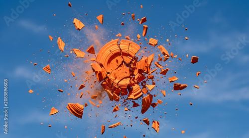 Broken Orange Clay Pigeon Exploding Midair Against Blue Sky