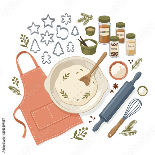 Photos Christmas baking ingredients and kitchen tools illustration with apron and cookie cutters
