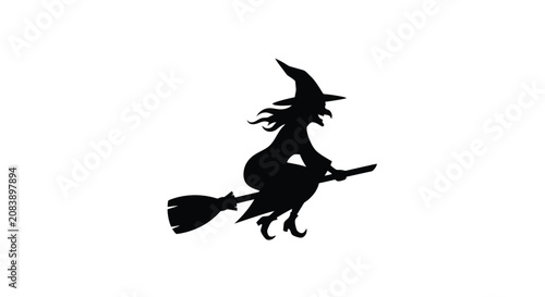 Fotografie Silhouette of a witch flying on a broomstick in classic pointed hat