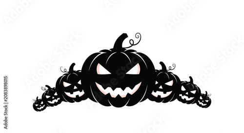 Cuadro en lienzo Row of spooky carved pumpkins with menacing faces for Halloween decoration