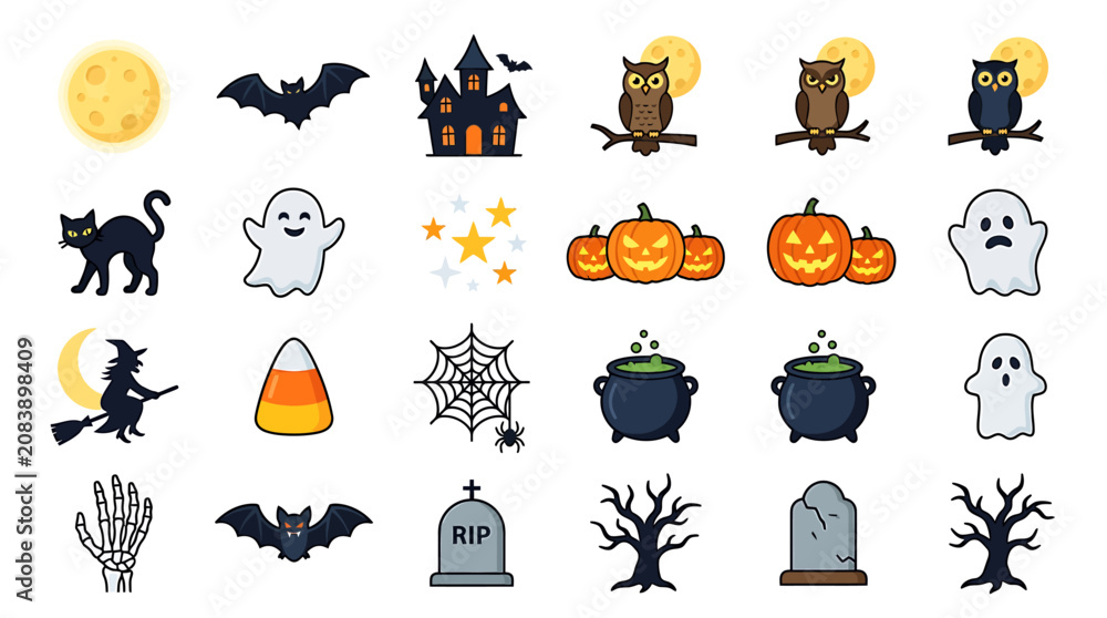 Fototapeta premium Spooky Halloween icons with bats, ghosts, pumpkins, and trees on white