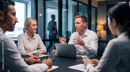 Tableau sur toile Engaging photograph of diverse business professionals in a collaborative meeting in a bright, modern corporate office
