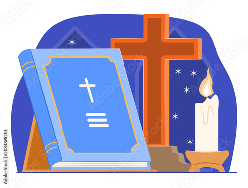 Bible Holy Book on Wooden Stand with Christian Cross and Candle for Christian Scripture Holy Book and Religion Items Concept Illustration Clip Art