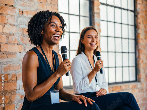 Canvastavla Two diverse, happy businesswomen smiling and holding microphones during a lively public speaking event or podcast