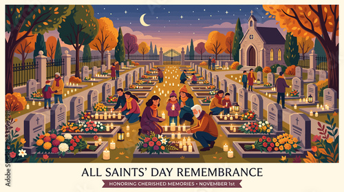 Fotografía All Saints Day Remembrance Illustration with People Lighting Candles in a Cemetery at Night