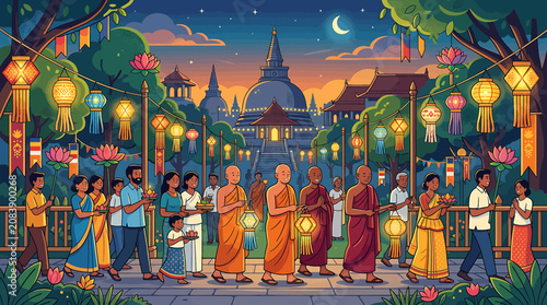 Εκτύπωση καμβά Buddhist monks and devotees walking in a colorful lantern festival procession at night with temple background